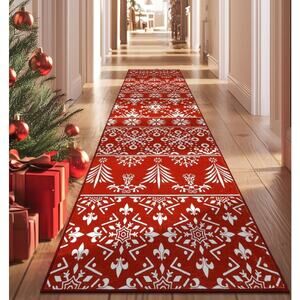 Christmas Runner 2x8, Washable Non-Slip Red Snowflake, Low Pile Faux Wool